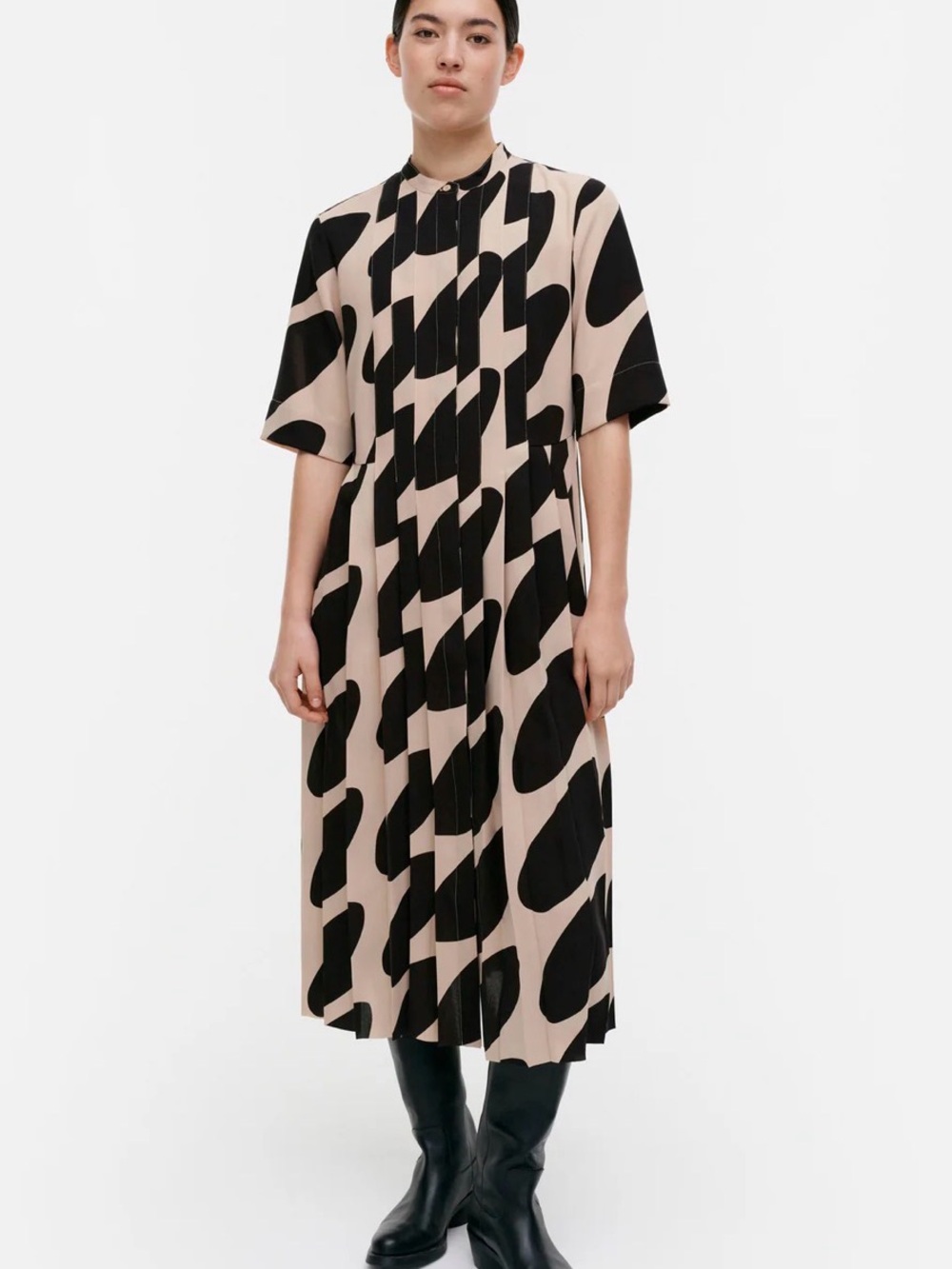 Marimekko Beige and Black Abstract Midi Shirt Dress